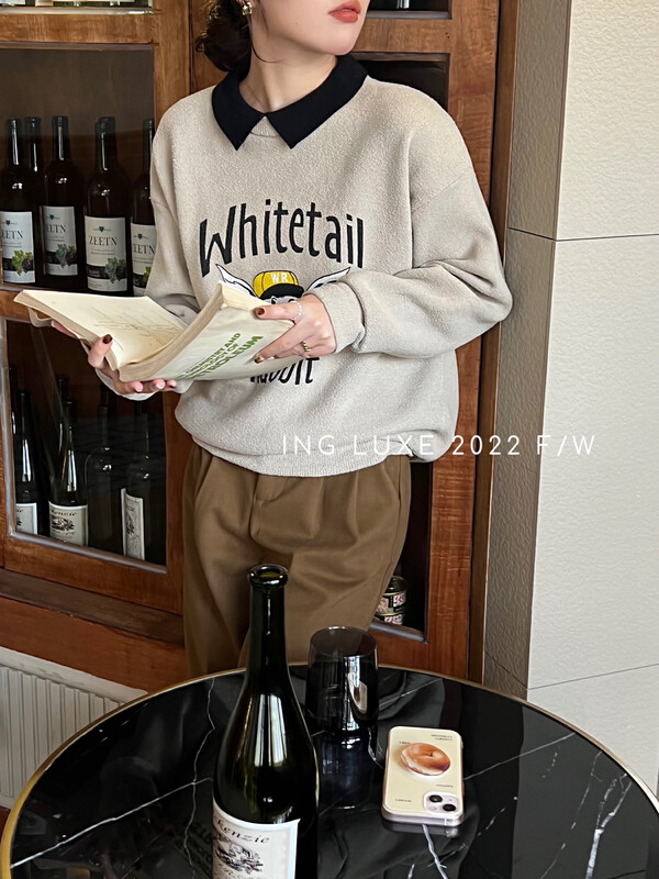 [ING] polo collar stitching lapel mouse print sweater w3926