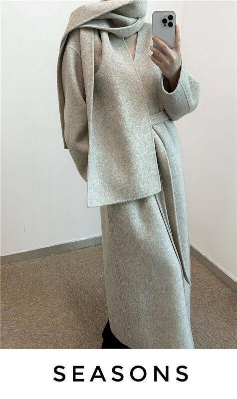 New in winter! [SEASONS] Korean casual loose solid color wool coat (with scarf, belt) (including 90% wool, 10% alpaca) 66189# WPL