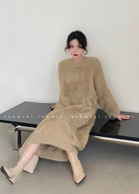 【TABMINI】Fashion Round Neck Mid Length Solid Color Dress D15328-A# WPL