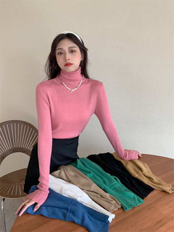 [Timely rain] Korean style ins retro wild design high-neck candy-colored long-sleeved T-shirt bottoming shirt S219# WPL