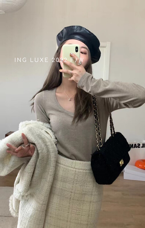 [ING] Autumn and winter U-neck slim and irregular shirt 9529