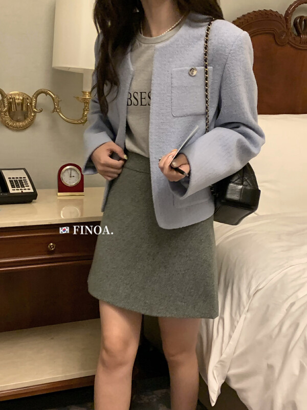 [FINOA] Korean high-quality pit pattern solid color pocket small fragrance jacket suit olive1372