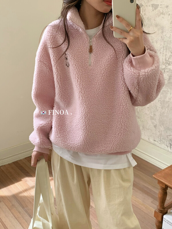 【FINOA】Casual Lazy Fleece Zipper Embroidered Pattern Loose Sweater(olive) 1365# JHY