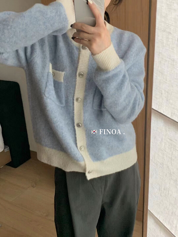 [FINOA] Contrast color fashion temperament round neck small fragrance knitted sweater olive1386