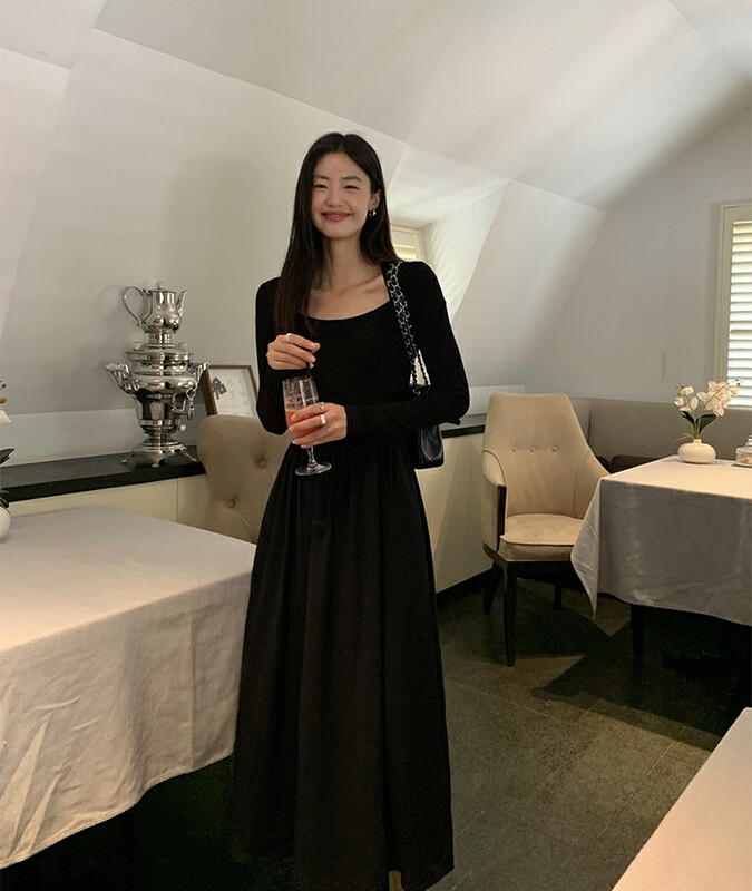 【Y.JIA】French retro square neck stitching chiffon dress 7051