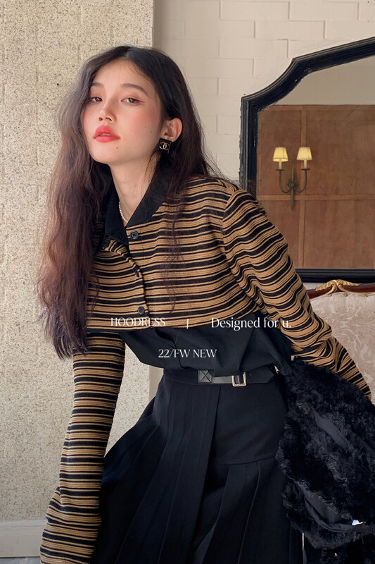 [Fire HOODRESS] Korean version stitching fake two-piece striped contrasting color shirt 22484# JHY