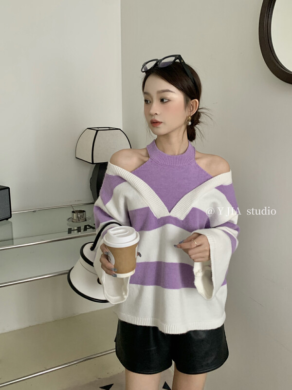【Y.JIA】Striped loose design with leaky shoulder stitching thermal sweater 626# FHX
