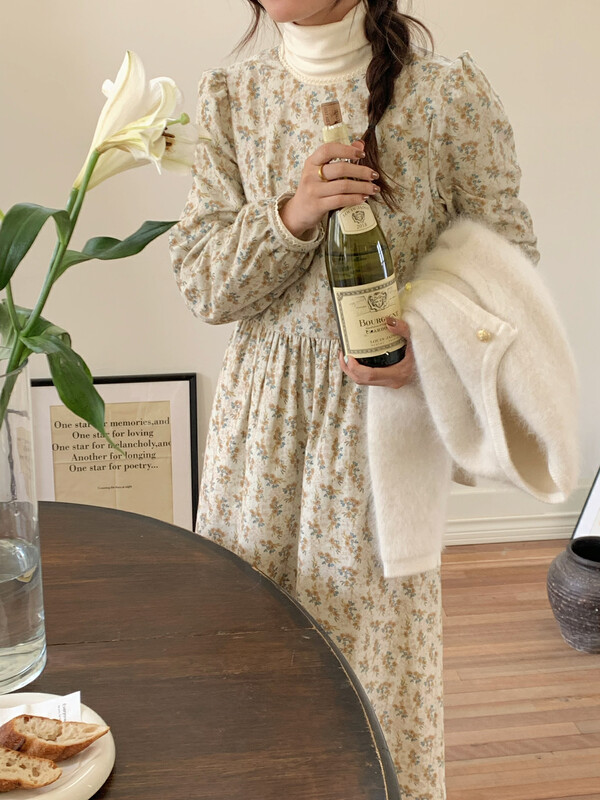 【FINOA】Korean fresh retro floral loose dress olive1409