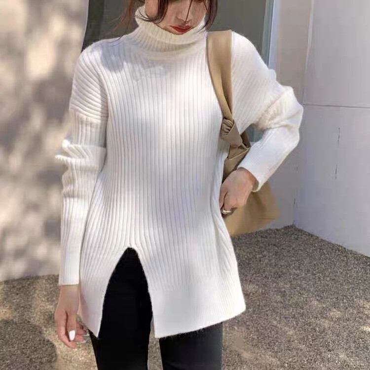 [U grain] Korean wild high-grade color thickened pile collar knitted diagonal slit sweater knitted sweater 8005