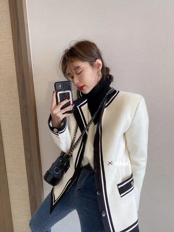 Original price 207.99! [FINOA] Retro ladies classic contrast color double pocket small fragrance short coat 10786# JHY