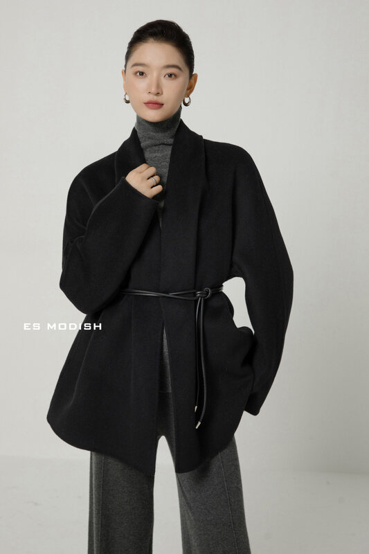 New in winter!【ES MODISH】Korean version of long-sleeved all-match wool jacket (with belt) (including 100% wool) JK2023A# CQW