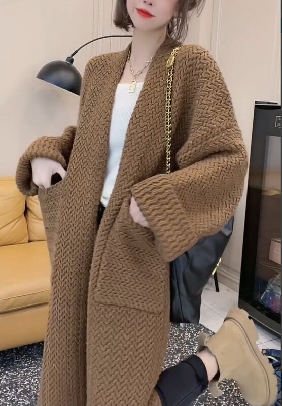 [Y.JIA Yijia] Temperament thick knitted thin long Korean style big pocket design sweater open sweater 701