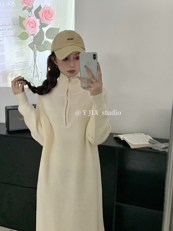[Y.JIA Ijia] Korean version of the simple temperament half zipper design loose sweater dress 689