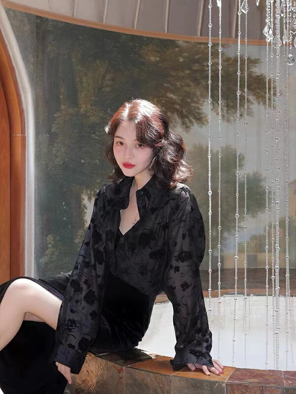 New in autumn! [ARE STUDIO] Flocking lapel slightly transparent loose shirt 92181# OZQ