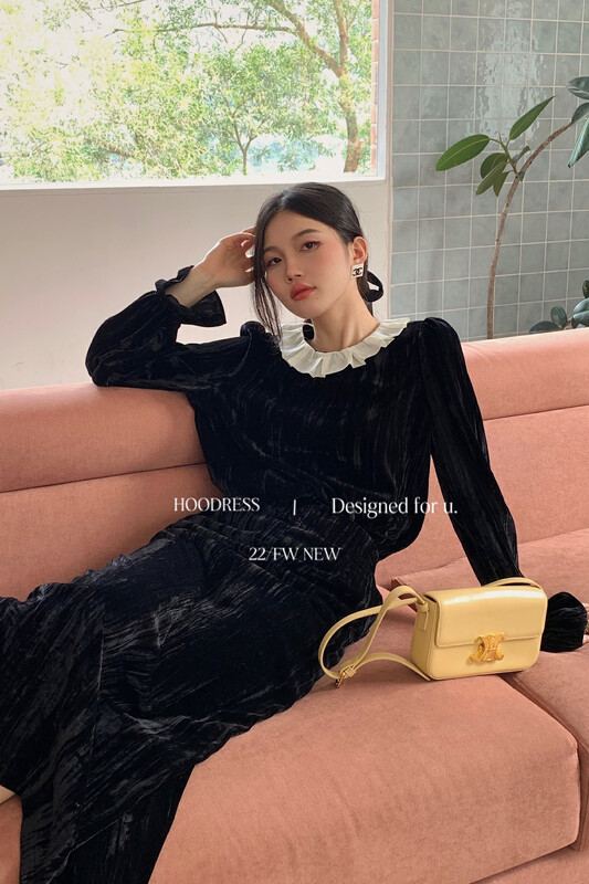 [Fire HOODRESS] Elegant and gentle pleated lapel contrast color velvet shirt + simple skirt suit 22448# JHY