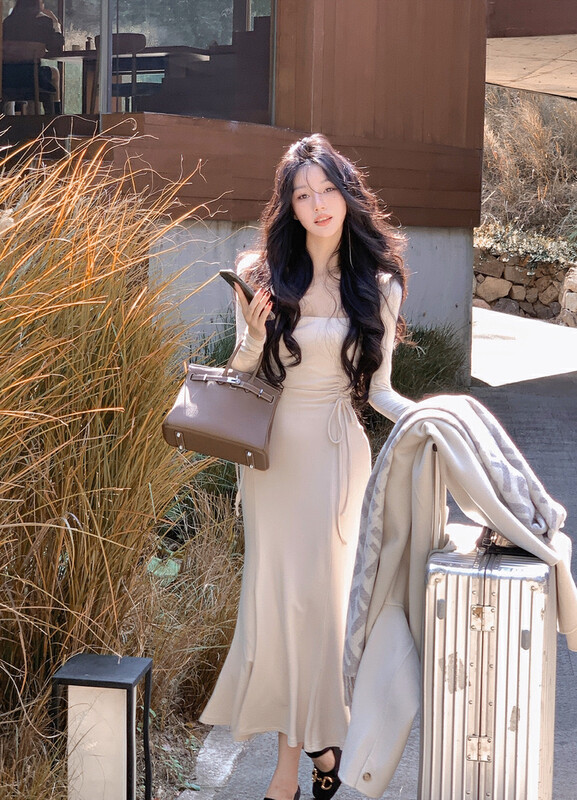 【SAVAGE】Winter new French high-end design sense square neck drawstring tie waist slim fishtail dress S1252# WPL