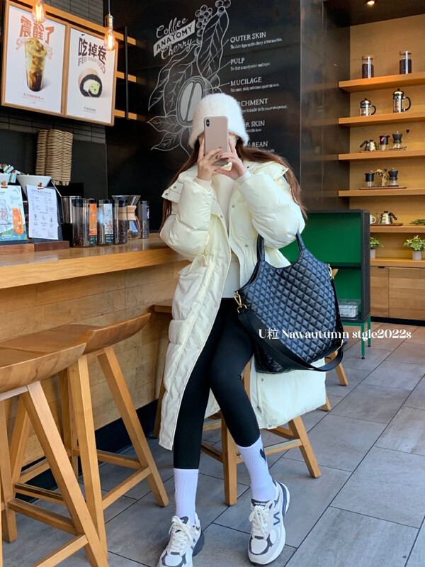 [U grain] Net celebrity over-the-knee long hooded down jacket with large pockets (with detachable hat) 896