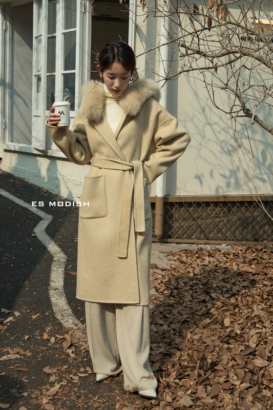 【ES MODISH】High-quality temperament all-match wool coat (with belt) (non-removable real fox fur collar, containing 100% wool) JK2040A# CQW