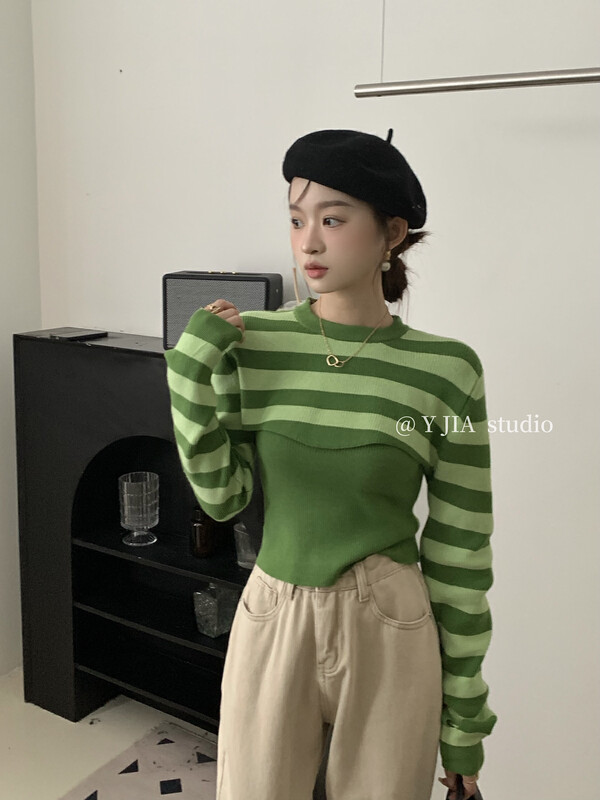 [Y.JIA Ijia] Design striped short sweater all-match knitted vest suit top two-piece set 370