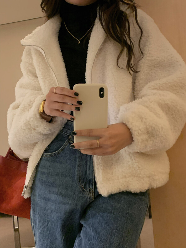 【FINOA】Korean version stand collar solid color fleece loose jacket sweater exclusive Y102
