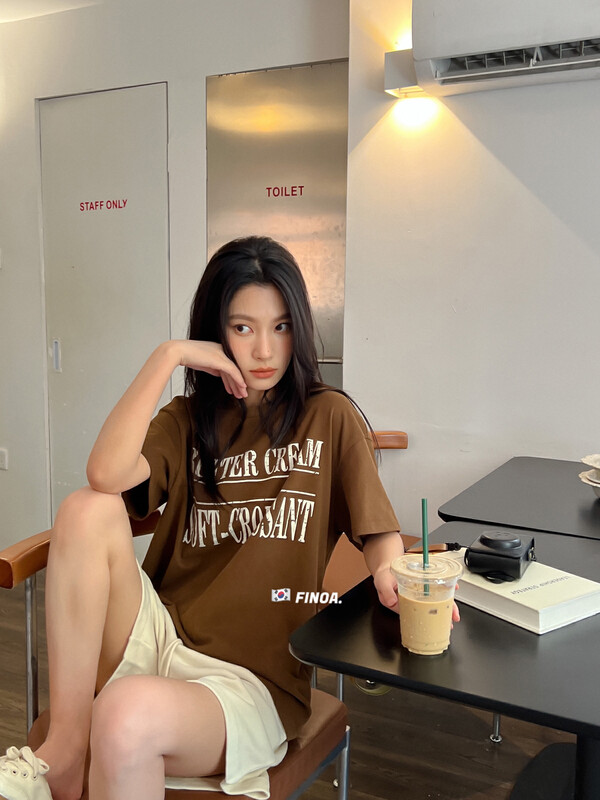 [FINOA] Korean version of the letter printing loose, casual and thin all-match round neck short-sleeved T-shirt 1270