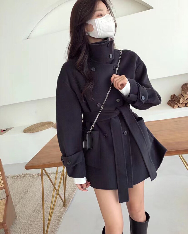 【Y.JIA】Korean style stand-up collar double-breasted mid-length wool coat 55033