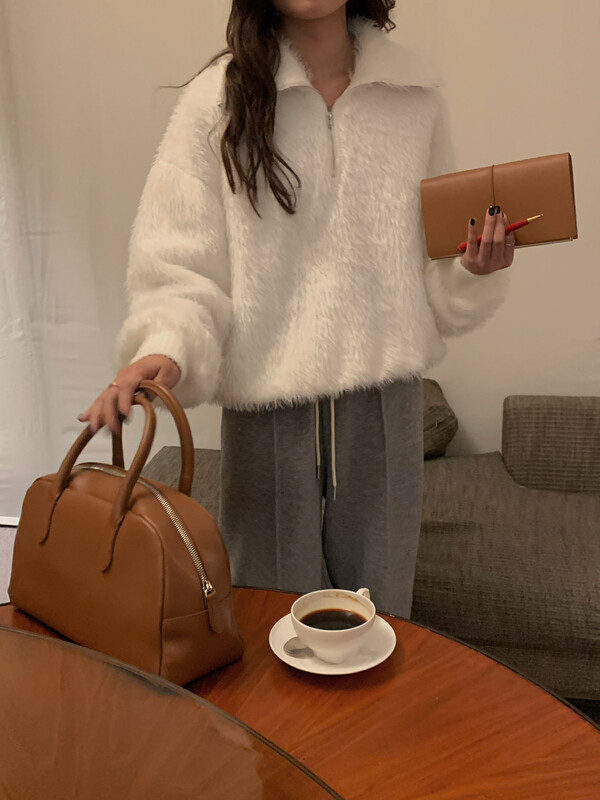 【FINOA】Casual texture silky smooth beard lapel pullover sweater (olive) 1416# JHY