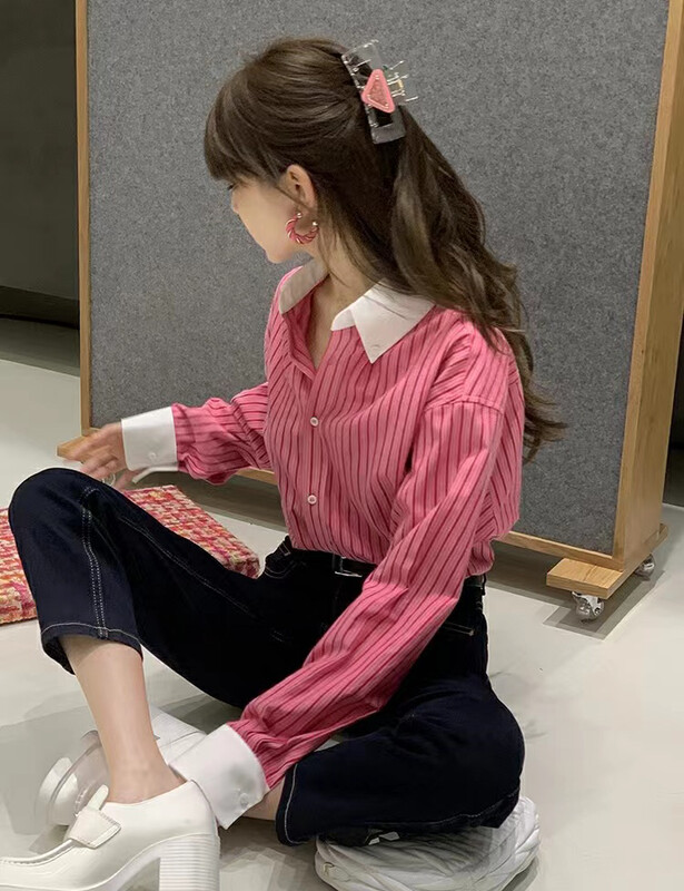 New in winter! [ARE STUDIO] lapel colorblock striped loose shirt 92280# OZQ