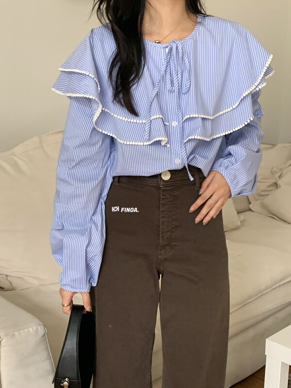 Original price 123.95! [FINOA] Korean version loose temperament tie vertical stripe contrast shirt YS1-10732