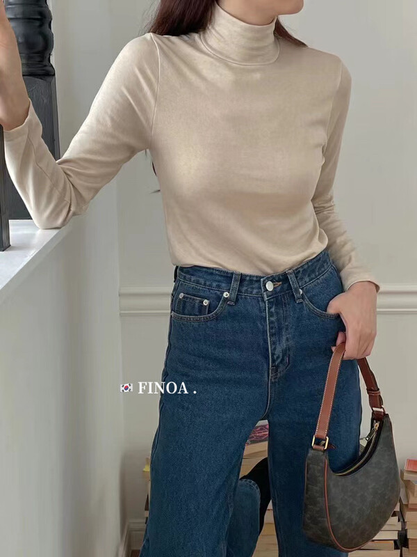 [FINOA] Basic versatile multi-color turtleneck slim bottoming shirt olive1412