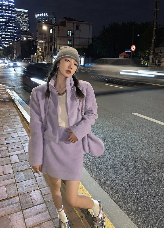 [SAVAGE] Western-style niche design fleece thickened short coat + high waist side slit skirt suit (with detachable gloves) S1262# WPL