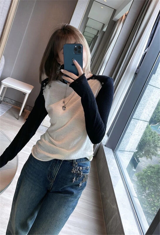 [TAN] Contrast Color Raglan Pin Decorative Round Neck Long Sleeve T-Shirt AT3676# JJ