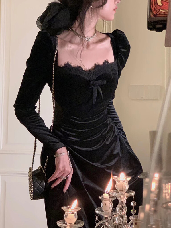 New in autumn!【ARE STUDIO】French temperament square neck velvet waist dress (with brooch) 92169# OZQ