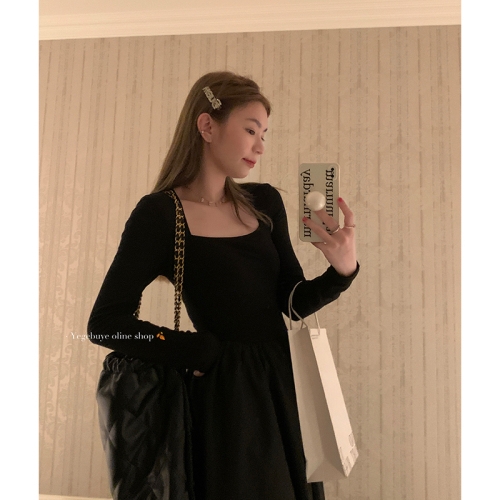 Original fabric high-quality workmanship knitted stitching dress autumn slim fit bottoming mid-length skirt