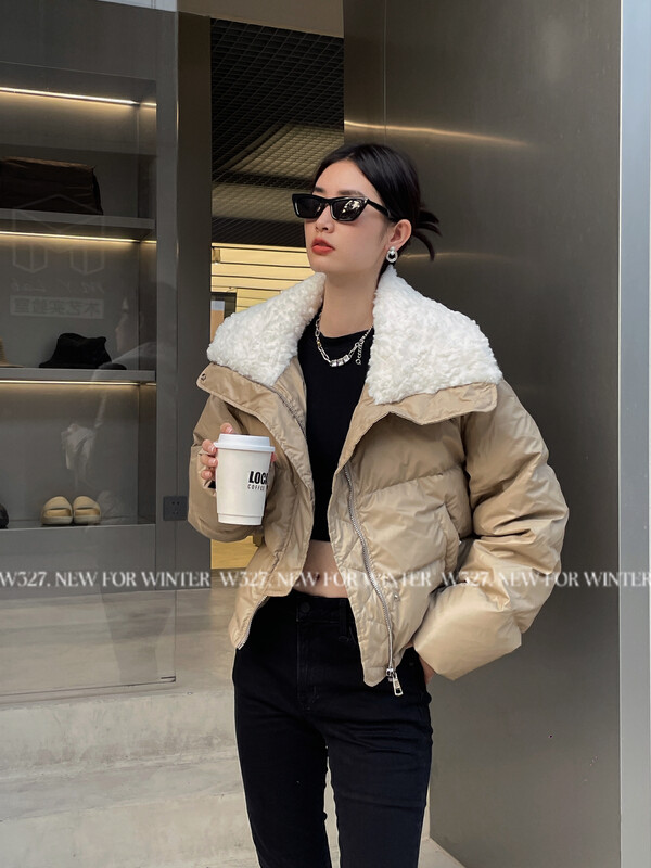【W327.】Korean version 90 white duck down pu surface stitching lamb down lapel warm down jacket 93255# CQW