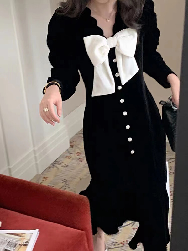 New in autumn!【ARE STUDIO】French temperament velvet bow dress (with brooch) 92066# OZQ