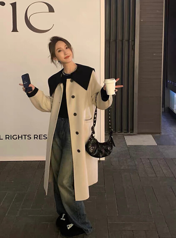 【SAVAGE】Premium Contrast Large Lapel Double Breasted Coat S1250# WPL