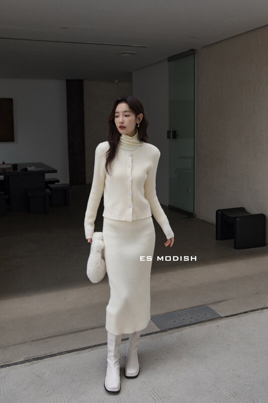 【ES MODISH】Wool Knit Cardigan + High Slit Skirt Set SET1922# CQW