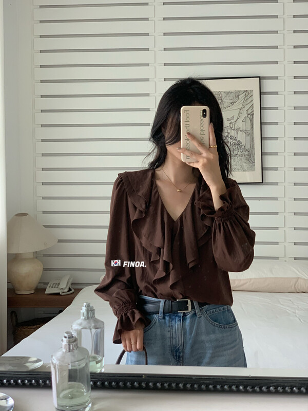 【FINOA】Korean version of elegant temperament ruffled thin solid color shirt 10639