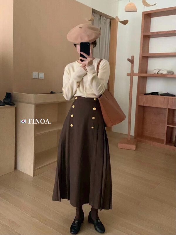 [FINOA] College style retro texture double-breasted gold button pleated skirt 10872