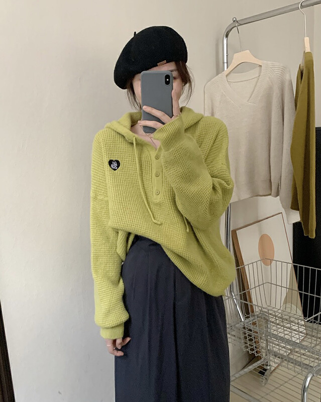 【Y.JIA】Korean style casual design drawstring hooded loose knitted sweater 757