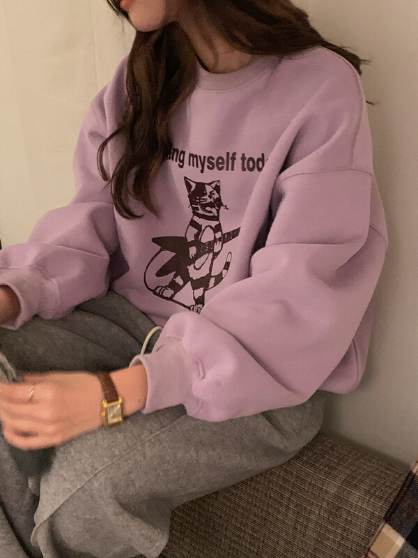 【FINOA】Fun casual cat pattern colorblock pullover sweater 10891