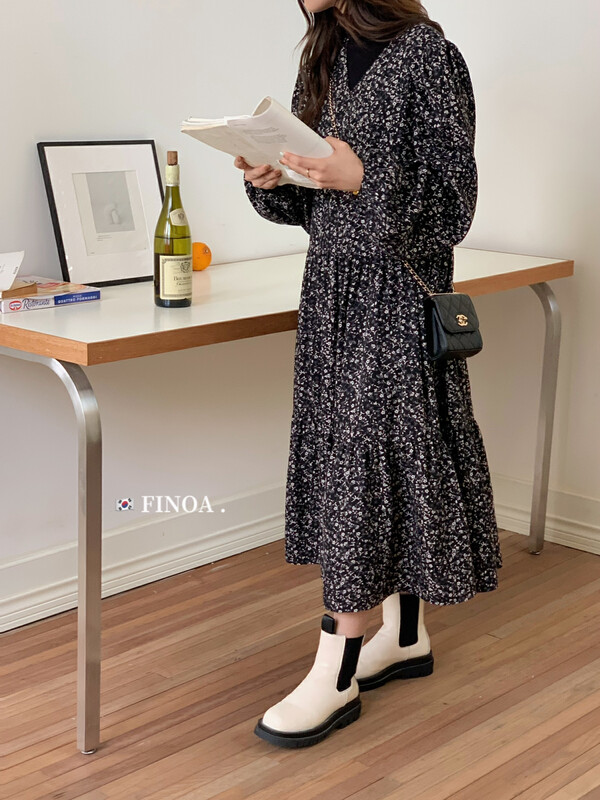 [FINOA] Korean style retro rural floral V-neck temperament loose dress 10878
