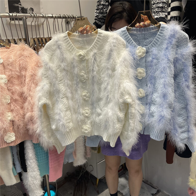 [Korean C Home] Sweet Flower Breasted Fur Warm Sweater YS1-3802# PCZ