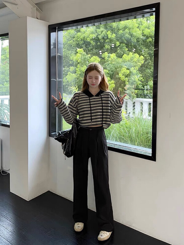 【SAVAGE】New retro American style contrast color black and white striped hooded sweater S1290# WPL