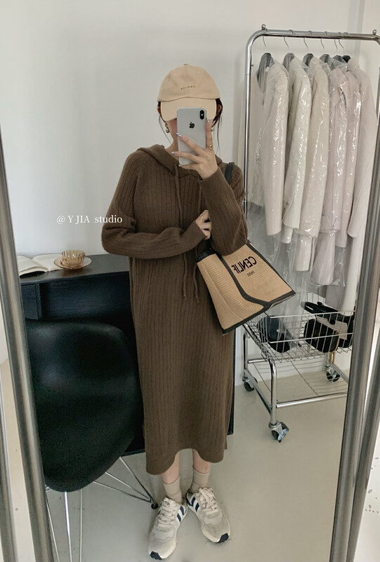 【Y.JIA】Casual simple loose shirt hooded temperament knitted sweater dress 776
