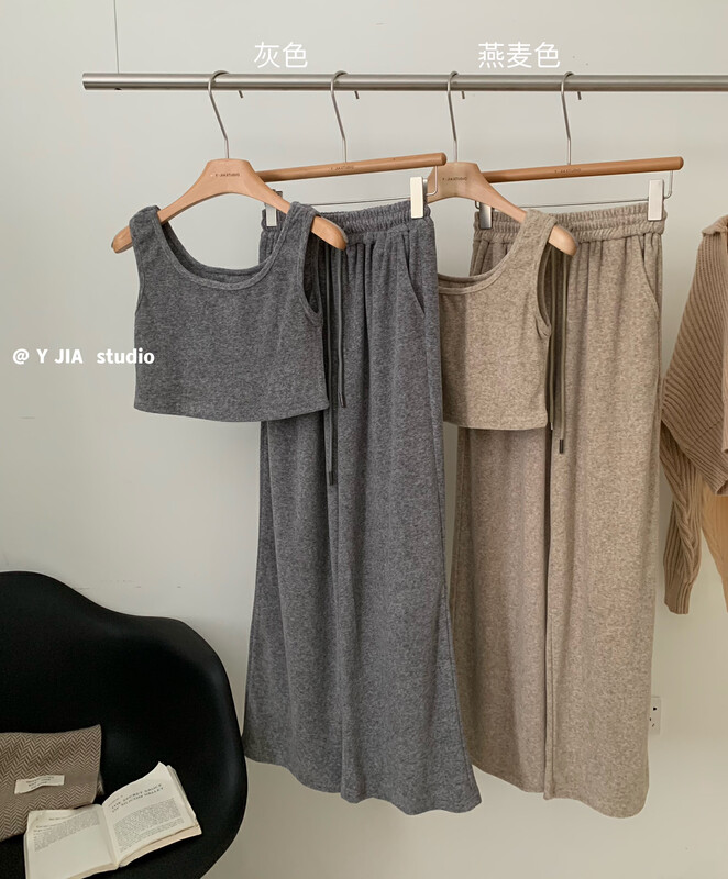 [Y.JIA Yijia] Simple and versatile gold velvet vest casual high waist elastic casual pants suit two-piece set 6226