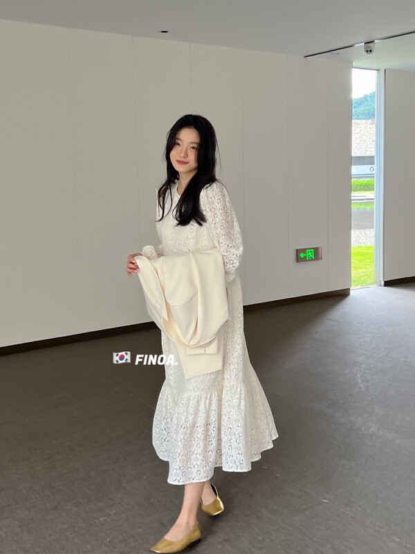 Original price 139.74! [FINOA] Korean style elegant lace round neck loose and slim dress 10656# JHY