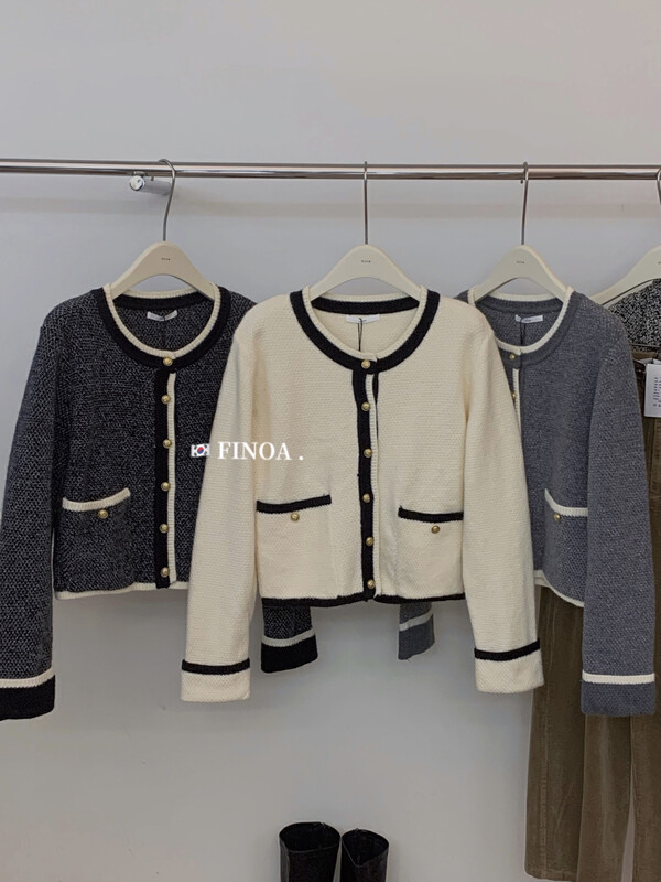 [FINOA] Retro small fragrance style color matching loose and thin knitted wool coat olive1382