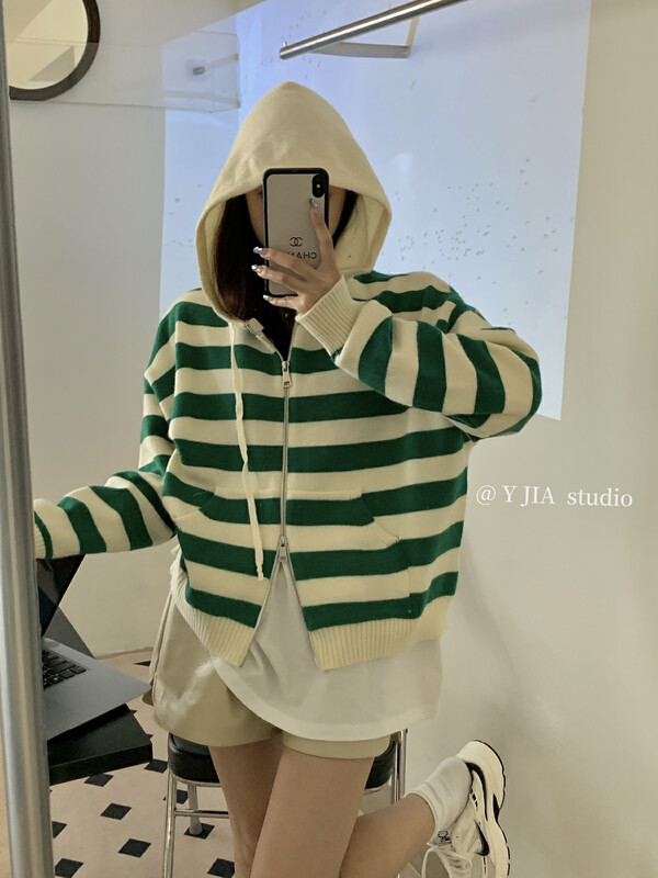 [Y.JIA Ijia] Double-headed zipper contrast stripe loose and thin hooded long-sleeved coat sweater 617